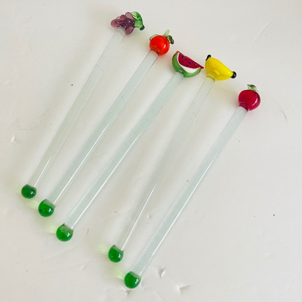 Set of 5 Vintage Glass Fruit Cocktail Swizzle Sticks / Drink Stirrers